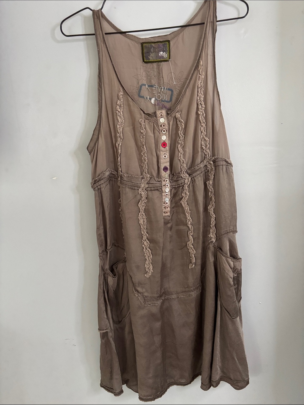 Desigual Taupe Floral Embroidered Button-Front Dress silk - Picture 1 of 9